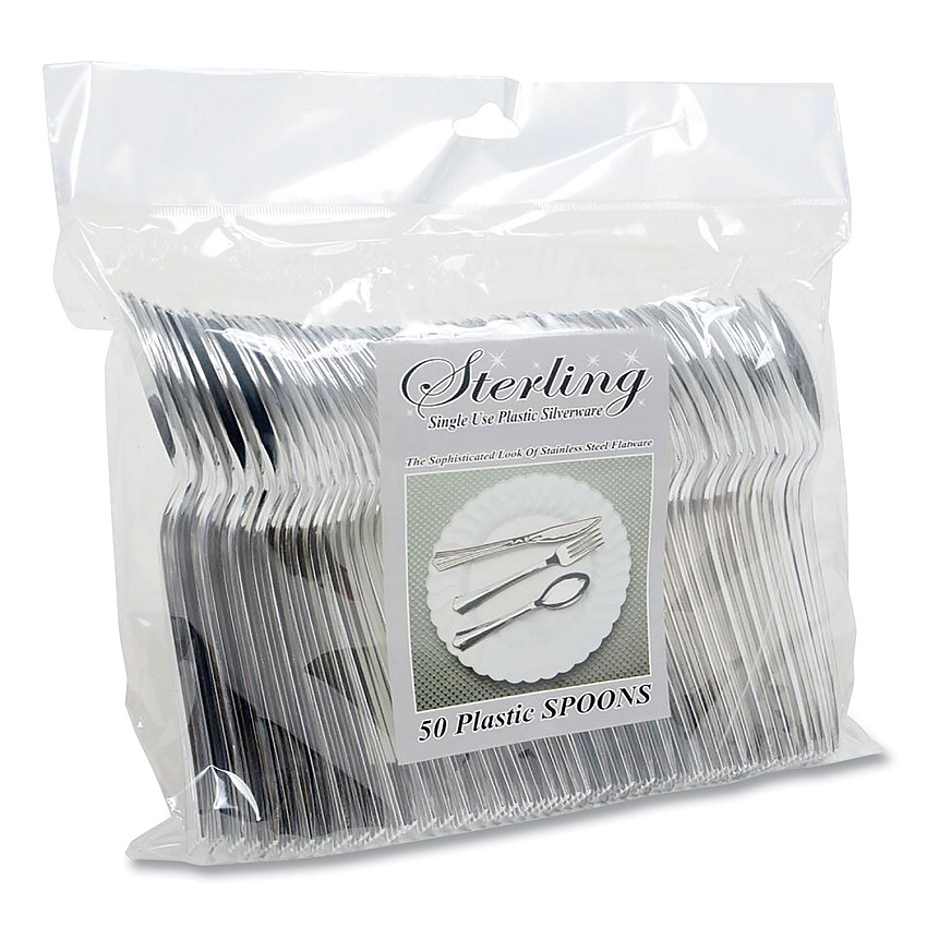 Tablemate Sterling Heavy-Duty Plastic Cutlery, Spoons, Silver, 50/Pack (TBL8305SSV)
