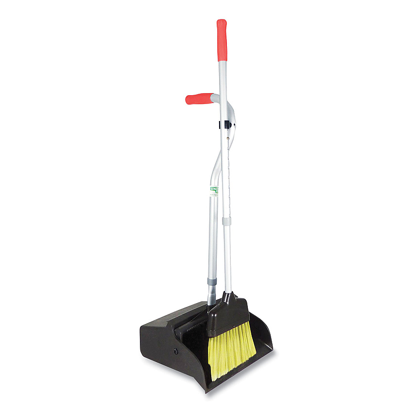 Unger Telescopic Ergo Dust Pan with Broom, 12" Wide, 34" to 44" Pan, 47" to 57" Broom, Metal/Vinyl/Cotton, Black/Silver/Red (UNGEDTBR)