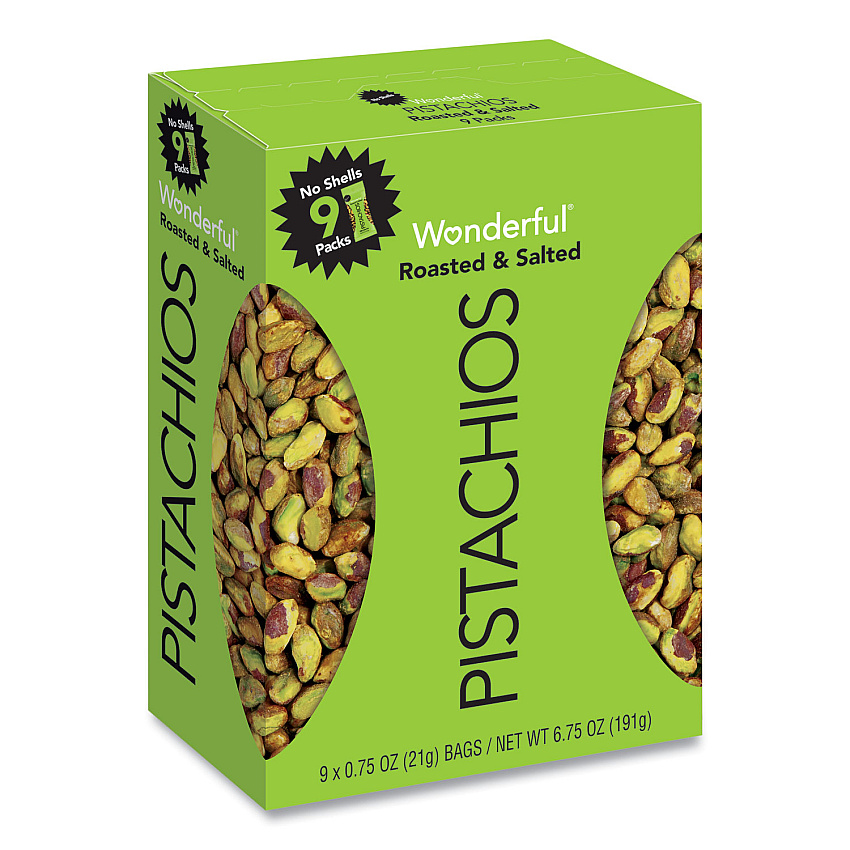 Paramount Farms Wonderful No Shells Pistachios, Roasted and Salted, 0.75 oz Bag, 9 Bags/Box, 4 Boxes/Carton (WONPAR91100)