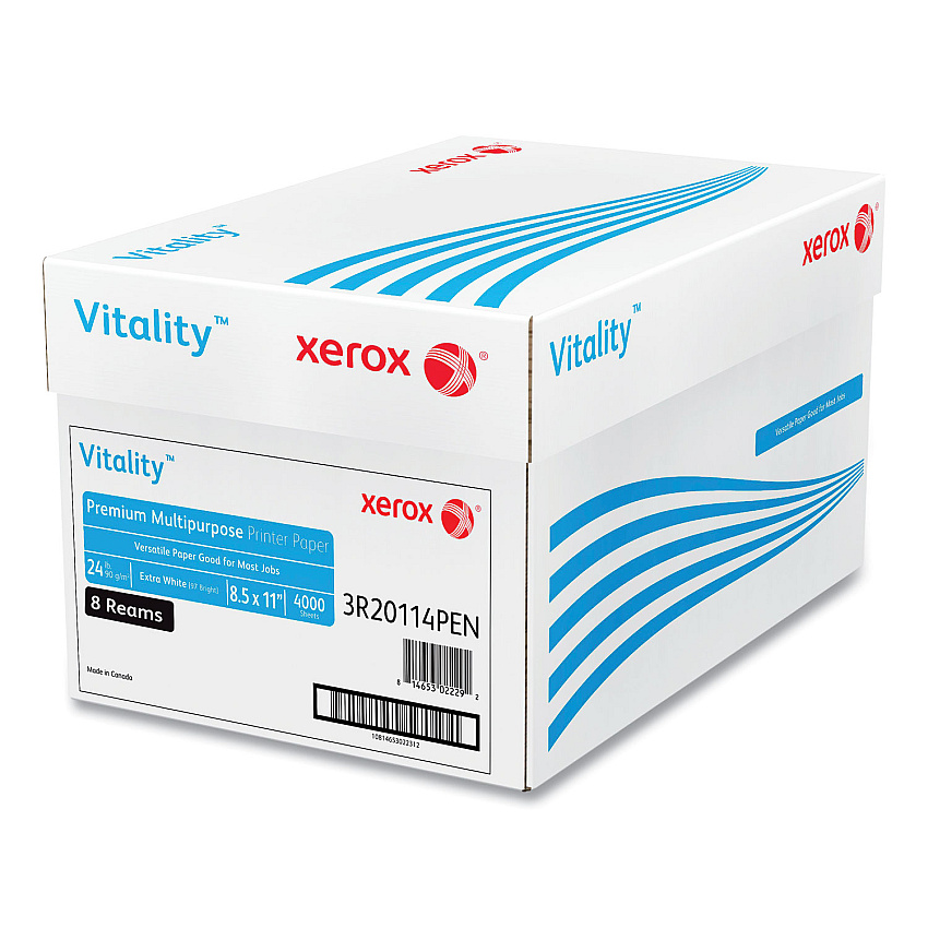 Xerox Vitality Premium Multipurpose Print Paper, 97 Bright, 24 lb Bond Weight, 8.5 x 11, Extra White, 500/Ream, 8 Reams/Carton (XER1001)