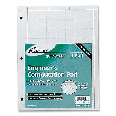 Ampad Evidence Engineer's Computation Pad, Cross-Section Quadrille Rule (5 sq/in, 1 sq/in), 100 Green-Tint 8.5 x 11 Sheets (AMP22142)