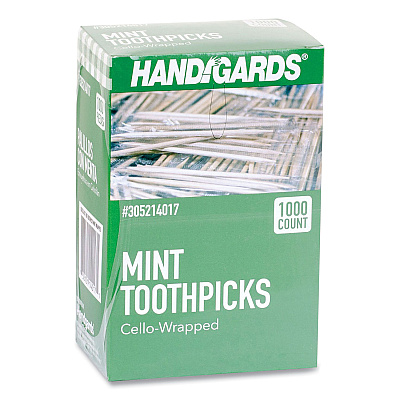 Handgards Individually Wrapped Round Wood Mint Toothpicks, 4", Natural, 1,000/Box, 12 Boxes/Carton (HDG426605)