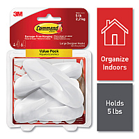 Command General Purpose Hooks, Large, Plastic, White, 5 lb Capacity, 4 Hooks and 6 Strips/Pack (MMM170834ES)