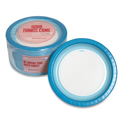 Perk Heavy-Weight Paper Plates, 10" dia, White/Blue, 125 Pack (PRK24375256)