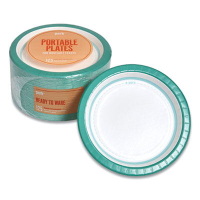 Perk Everyday Paper Plates, 8.5" dia, White/Teal, 125/Pack (PRK24375263)