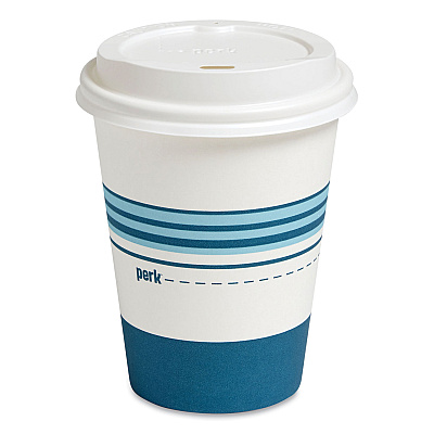 Perk Paper Hot Cup and Plastic Dome Lid Combo, 12 oz, White/Blue, 50 Sets/Pack (PRK24375267)