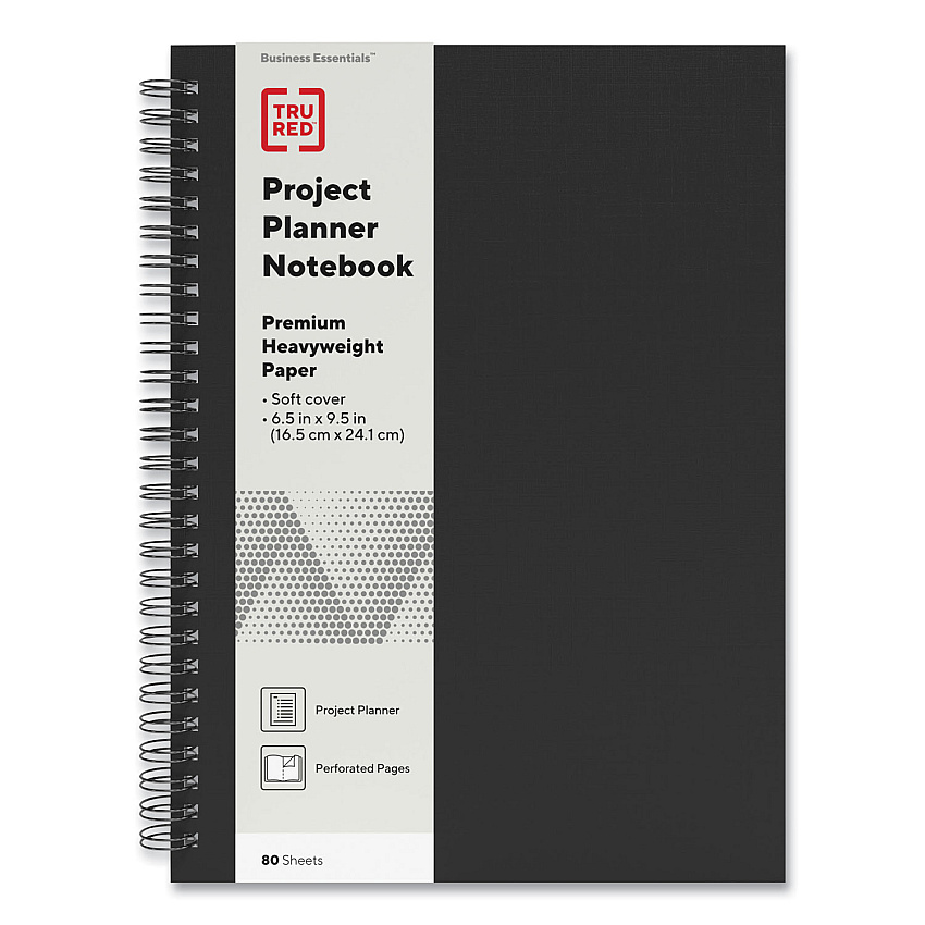 TRU RED Wirebound Soft-Cover Project-Planning Notebook, 1-Subject, Project-Management Format, Black Cover, (80) 9.5 x 6.5 Sheets (TUD24377281)