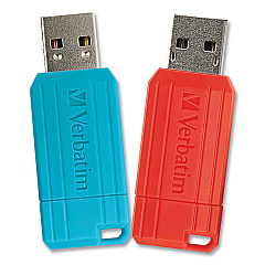Verbatim PinStripe USB 2.0 Flash Drive, 64 GB, Caribbean Blue/Red, 2/Pack (VER70059)
