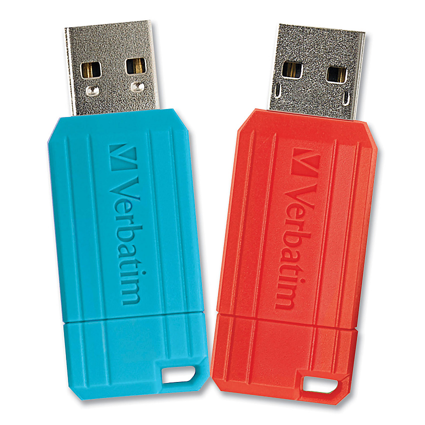 Verbatim PinStripe USB 2.0 Flash Drive, 64 GB, Caribbean Blue/Red, 2/Pack (VER70059)