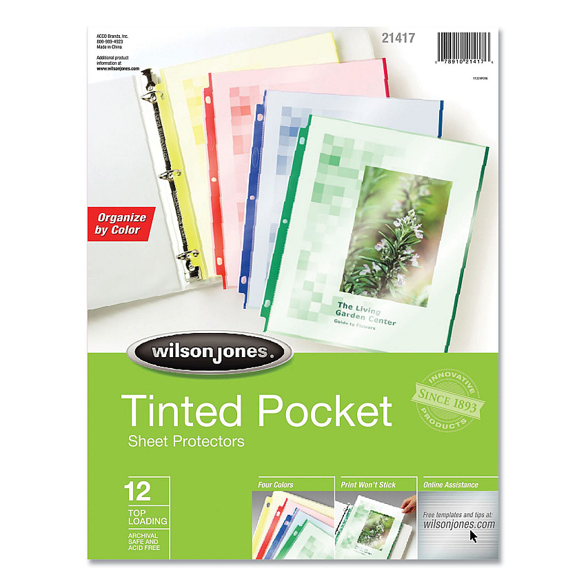 Wilson Jones Tinted Pocket Sheet Protectors, 3 Hole Punched, Top Loading, Letter, Assorted Colors, 12/Pack (WLJW21417)