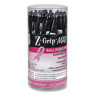 Zebra Z-Grip MAX Breast Cancer Awareness Ballpoint Pen, Retractable, Bold 1.2 mm, Black Ink, Silver/Black Barrel, 24/Pack (ZEB32577)