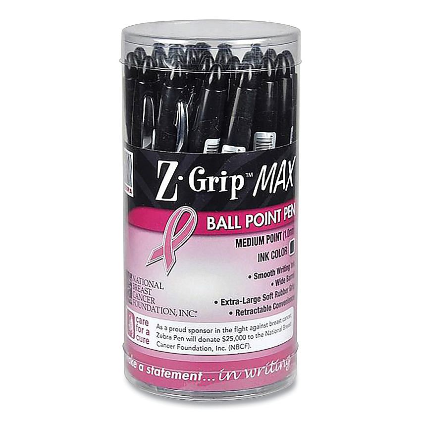 Zebra Z-Grip MAX Breast Cancer Awareness Ballpoint Pen, Retractable, Bold 1.2 mm, Black Ink, Silver/Black Barrel, 24/Pack (ZEB32577)