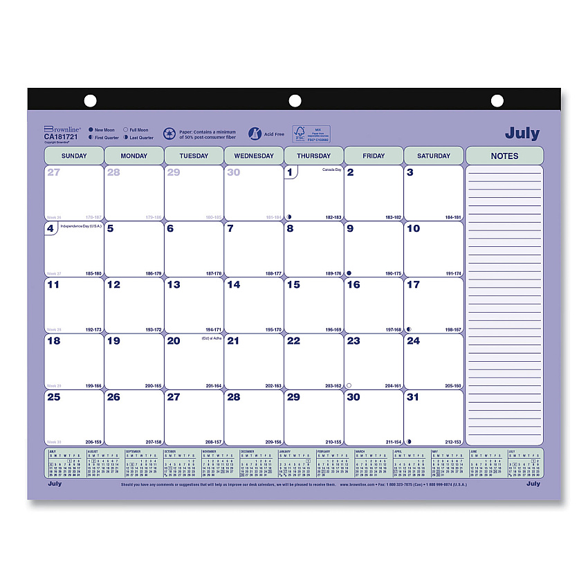 Brownline Academic 13-Month Binder-Insertable Desk Pad Calendar, 11 x 8.5, White/Blue/Green Sheets, 13-Month: July 2025 to July 2026 (CA181721)