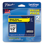 Brother TZe Standard Adhesive Laminated Labeling Tape, 0.47" x 26.2 ft, Black on Yellow, 2/Pack (TZE6312PK)