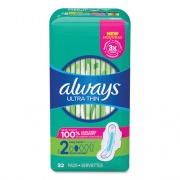 Always Ultra Thin Pads with Wings, Size 2, Long, Super Absorbent, 32/Pack, 3 Packs/Carton (97020)