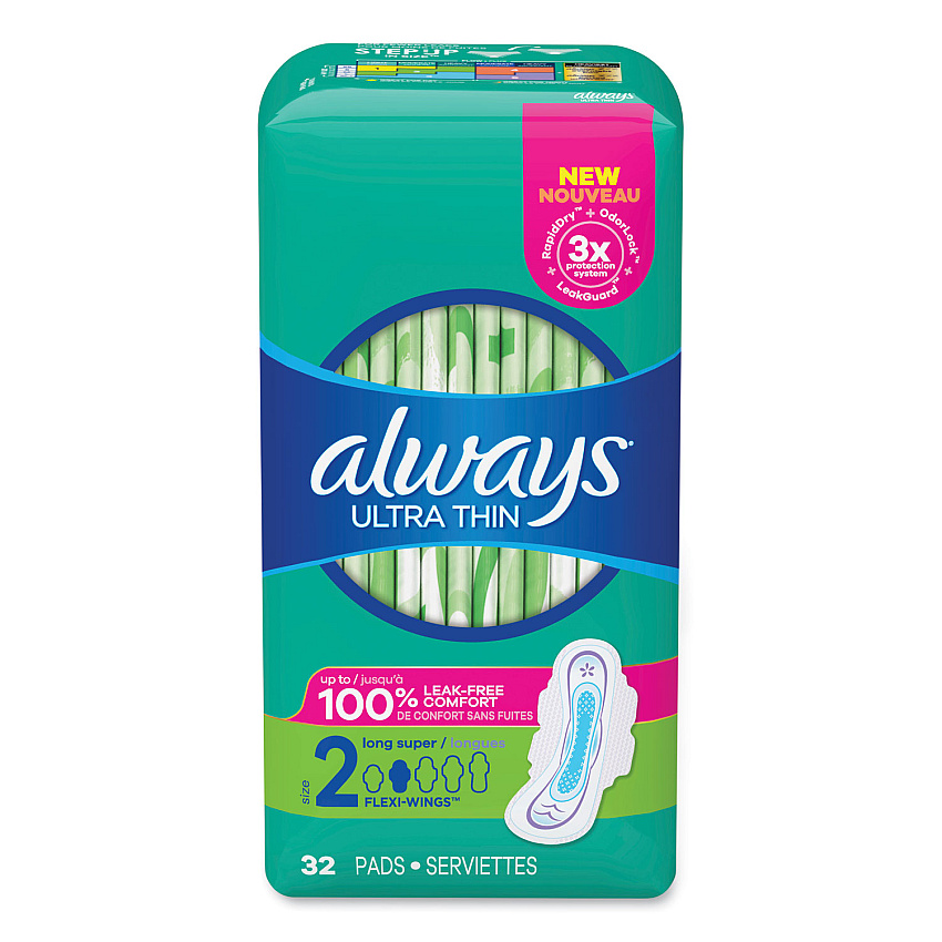 Always Ultra Thin Pads with Wings, Size 2, Long, Super Absorbent, 32/Pack, 3 Packs/Carton (PGC97020)