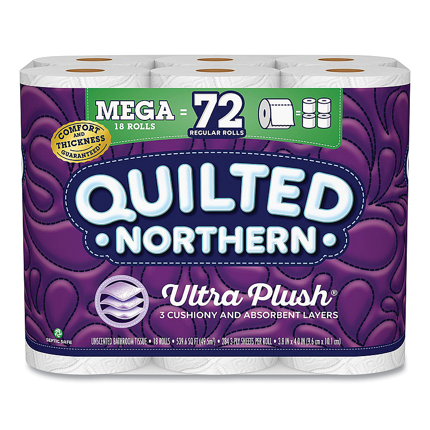 Quilted Northern Ultra Plush Bathroom Tissue, Mega Rolls, Septic Safe, 3-Ply, White, 284 Sheets/Roll, 18 Rolls/Carton (GPC874685)