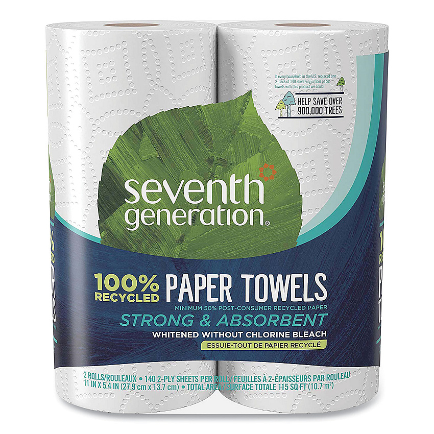 Seventh Generation 100% Recycled Paper Kitchen Towel Rolls, 2-Ply, 11 x 5.4, 140 Sheets/Roll, 2 Rolls/Pack, 12 Packs/Carton (SEV13730)