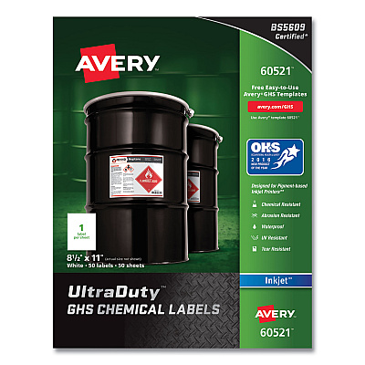 Avery UltraDuty GHS Chemical Waterproof and UV Resistant Labels, 8.5 x 11, White, 50/Pack (AVE60521)