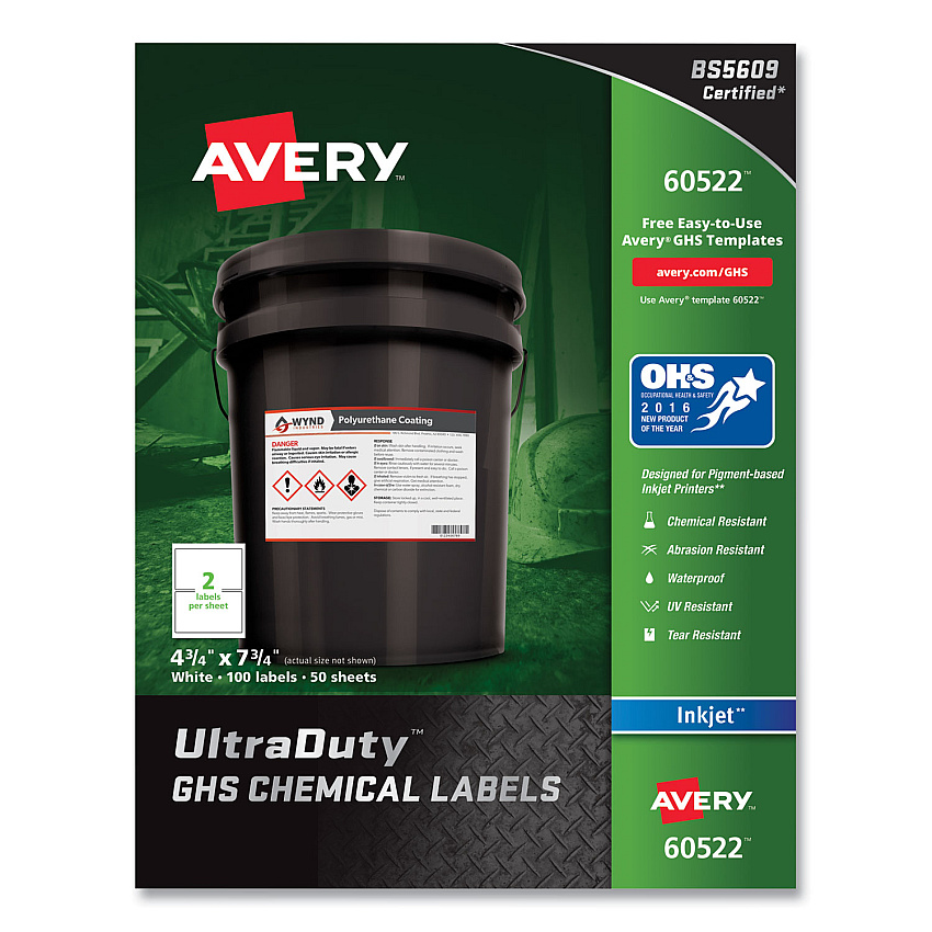Avery UltraDuty GHS Chemical Waterproof and UV Resistant Labels, 4.75 x 7.75, White, 2/Sheet, 50 Sheets/Pack (AVE60522)