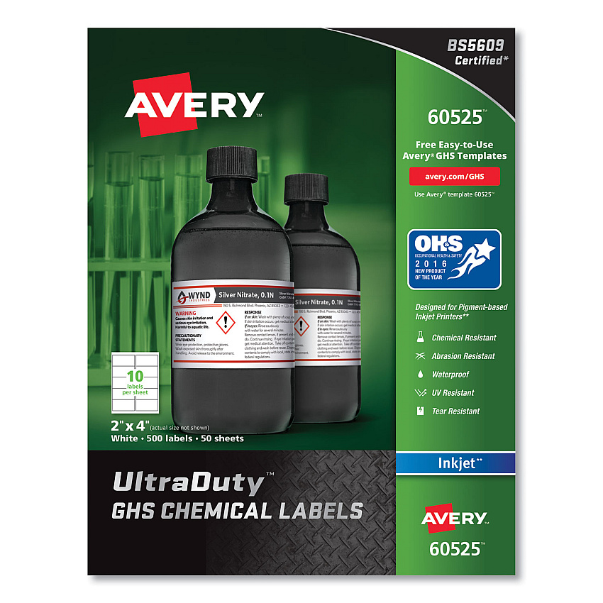 Avery UltraDuty GHS Chemical Waterproof and UV Resistant Labels, 2 x 4, White, 10/Sheet, 50 Sheets/Pack (AVE60525)