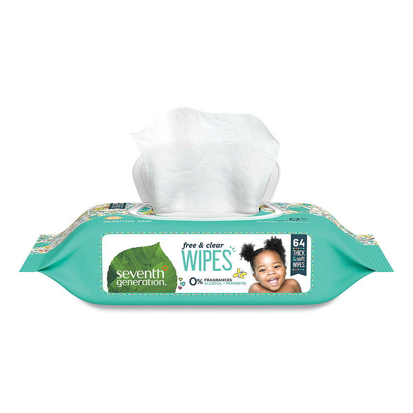 Seventh Generation Free and Clear Baby Wipes, 7 x 7, Unscented, White, 64/Flip Top Pack, 12 Packs/Carton (SEV34208CT)
