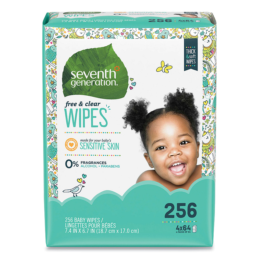 Seventh Generation Free and Clear Baby Wipes, 7 x 7, Refill, Unscented, White, 256/Pack, 3 Packs/Carton (SEV34219CT)