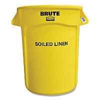 Rubbermaid Commercial Vented Round Brute Container, "Soiled Linen" Imprint, 32 gal, Plastic, Yellow (RCP263294YEL)