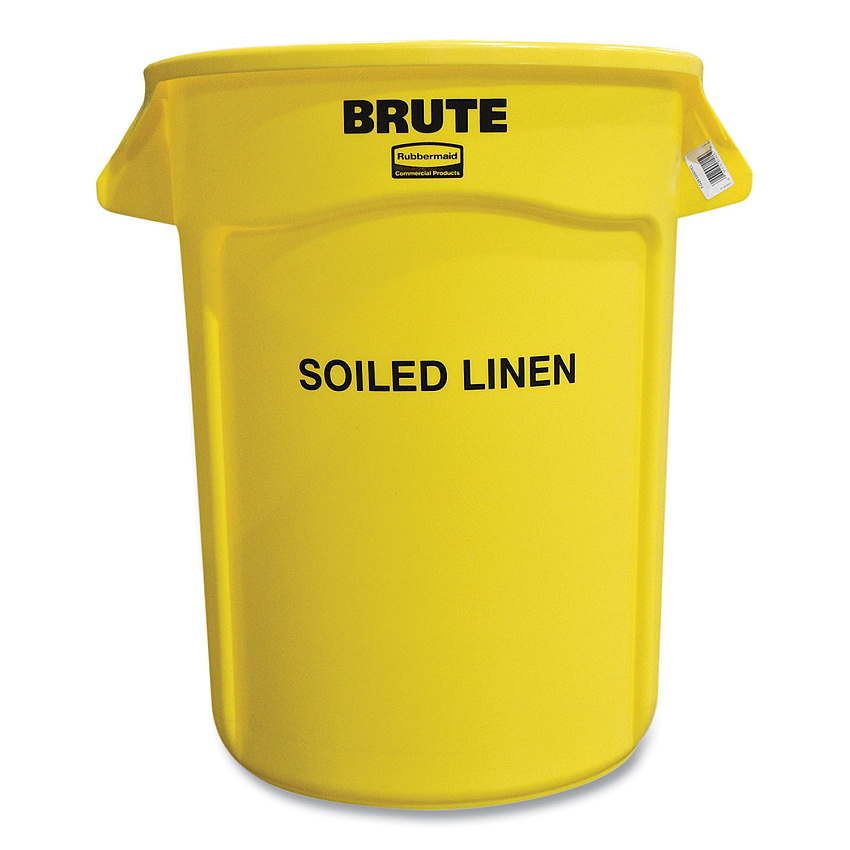 Rubbermaid Commercial Vented Round Brute Container, "Soiled Linen" Imprint, 32 gal, Plastic, Yellow (RCP263294YEL)