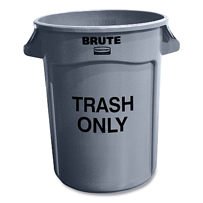Rubbermaid Commercial Vented Round Brute Container, "Trash Only" Imprint, 32 gal, Plastic, Gray (RCP263294GRA)