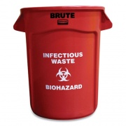 Rubbermaid Commercial Vented Round Brute Container, "Infectious Waste: Biohazard" Imprint, 32 gal, Plastic, Red (263294RED)