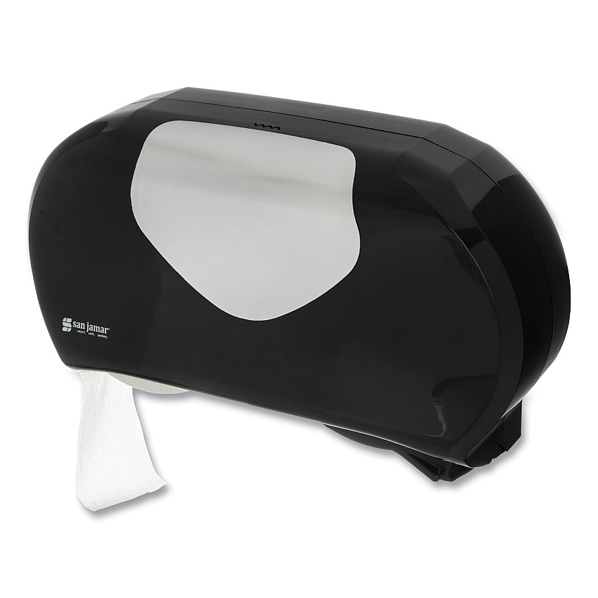 San Jamar Twin 9" Jumbo Bath Tissue Dispenser, Summit, 20.07 x 5.88 x 11.9, Black/Faux Stainless Steel (SJMR4070BKSS)