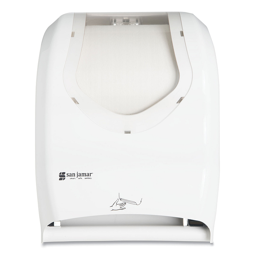 San Jamar Smart System with iQ Sensor Towel Dispenser, 16.5 x 9.75 x 12, White/Clear (SJMT1470WHCL)