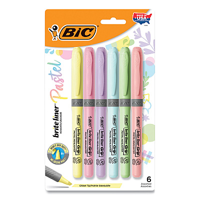BIC Brite Liner Grip Pocket Highlighter, Assorted Ink Colors, Chisel Tip, Assorted Barrel Colors, 6/Pack (BICGBLDP61AST)