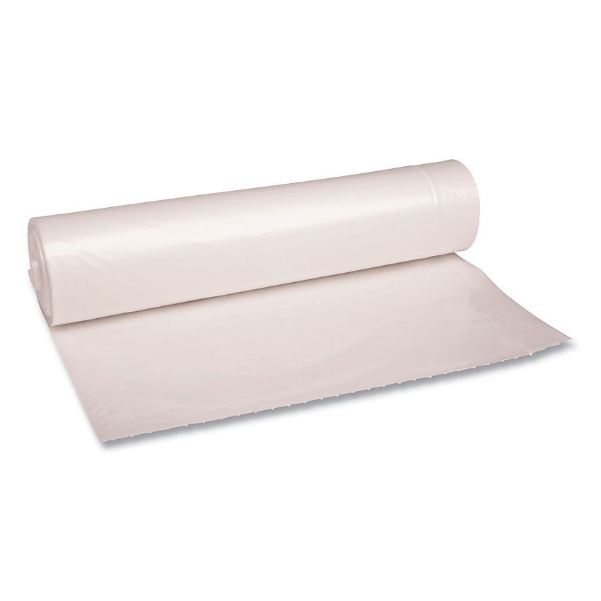 Boardwalk Recycled Low-Density Polyethylene Can Liners, 56 gal, 1.1 mil, 43" x 47", Clear, Perforated, 10 Bags/Roll, 10 Rolls/Carton (BWK532)