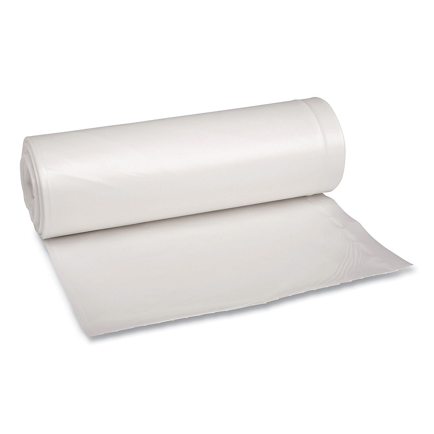 Boardwalk Recycled Low-Density Polyethylene Can Liners, 60 gal, 1.75 mil, 38" x 58", Clear, Perforated, 10 Bags/Roll, 10 Rolls/Carton (BWK538)