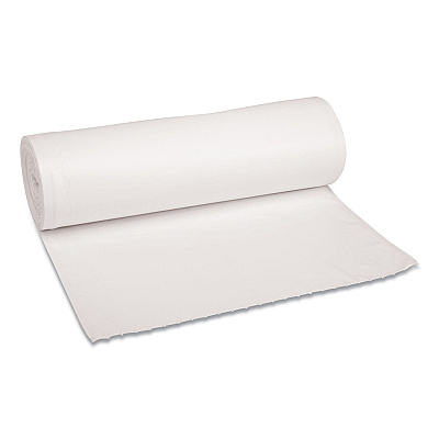 Boardwalk Low-Density Waste Can Liners, 60 gal, 0.6 mil, 38" x 58", White, Perforated Roll, 25 Bags/Roll, 4 Rolls/Carton (BWK3858EXH)