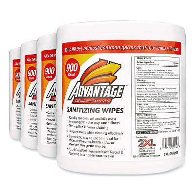 2XL Gym Wipes Advantage, 1-Ply, 6 x 8, Unscented, White, 900/Roll, 4 Rolls/Carton (TXLL36R)