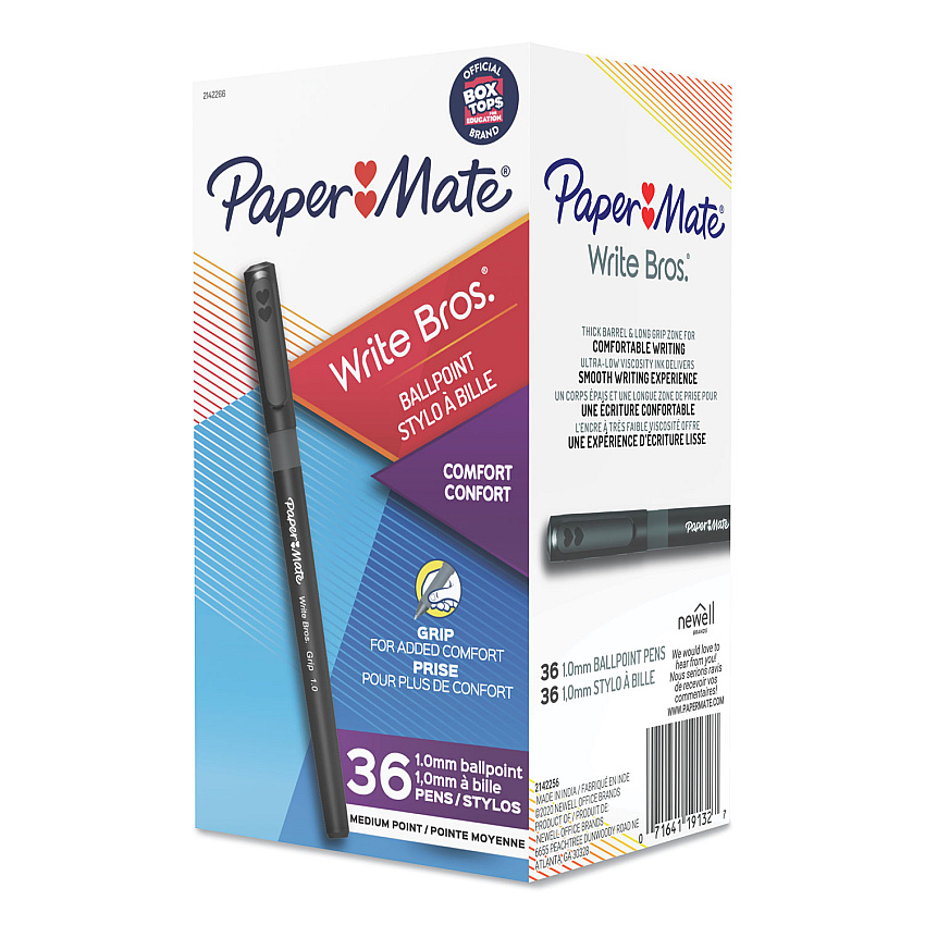 Paper Mate Write Bros. Grip Ballpoint Pen, Stick, Medium 1 mm, Black Ink, Black Barrel, 36/Pack (PAP2142266)