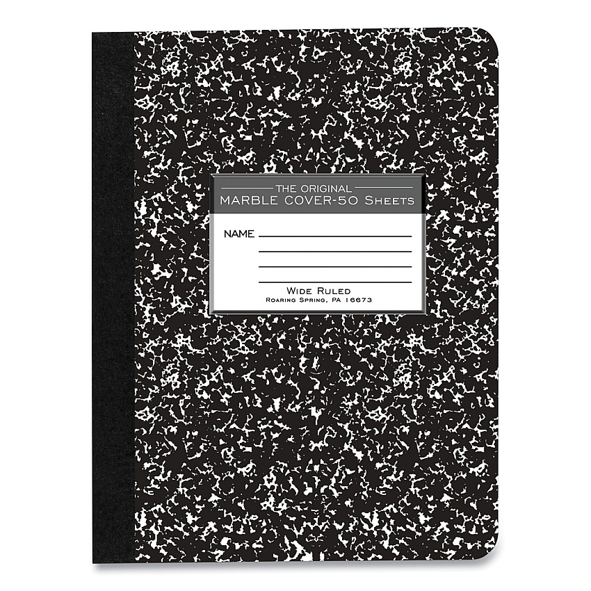 Roaring Spring Marble Cover Composition Book, Taped Binding, Wide/Legal Rule, Black Marble Cover, (50) 9.75 x 7.5 Sheets (ROA77220)