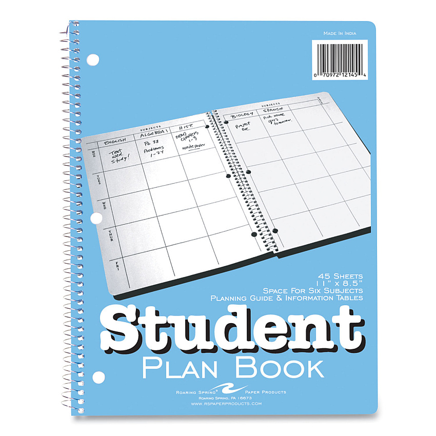 Roaring Spring Student Plan Book, 40-Weeks: Six-Subject Day, Blue/White Cover, (100) 11 x 8.5 Sheets (ROA12145)