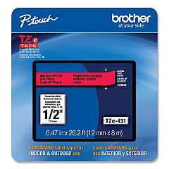 Brother TZe Laminated Removable Label Tapes, 0.47" x 26.2 ft, Black on Red (TZE431CS)