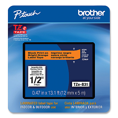 Brother TZe Laminated Removable Label Tapes, 0.47" x 26.2 ft, Black on Orange (TZEB31CS)