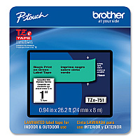 Brother TZe Laminated Removable Label Tapes, 0.94" x 26.2 ft, Black on Green (TZE751CS)