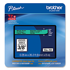 Brother TZe Laminated Removable Label Tapes, 0.35" x 26.2 ft, Black on Green (TZE721CS)