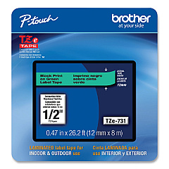 Brother TZe Laminated Removable Label Tapes, 0.47" x 26.2 ft, Black on Green (TZE731CS)