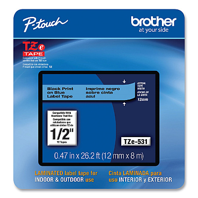 Brother TZe Laminated Removable Label Tapes, 0.47" x 26.2 ft, Black on Blue (TZE531CS)