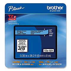 Brother TZe Laminated Removable Label Tapes, 0.35" x 26.2 ft, Black on Blue (TZE521CS)