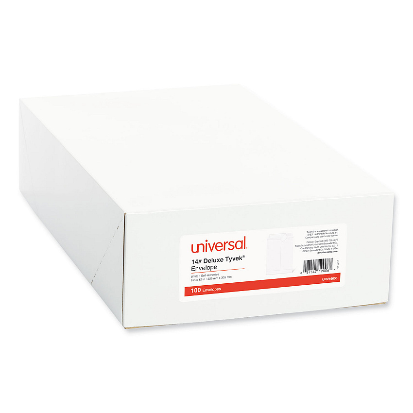 Universal Deluxe Tyvek Envelopes, #10 1/2, Square Flap, Self-Adhesive Closure, 9 x 12, White, 100/Box (UNV19006)