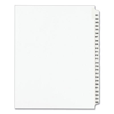 Preprinted Legal Exhibit Side Tab Index Dividers, Avery Style, 25-Tab, 301 to 325, 11 x 8.5, White, 1 Set, (1342) (AVE01342)